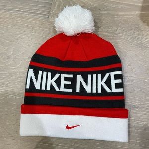 Nike red/white/black beanie with a puff